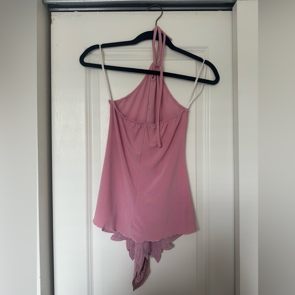 Pink Y2K Mcbling Tabom Halter Top with silver Floral Design - Picture 3 of 9